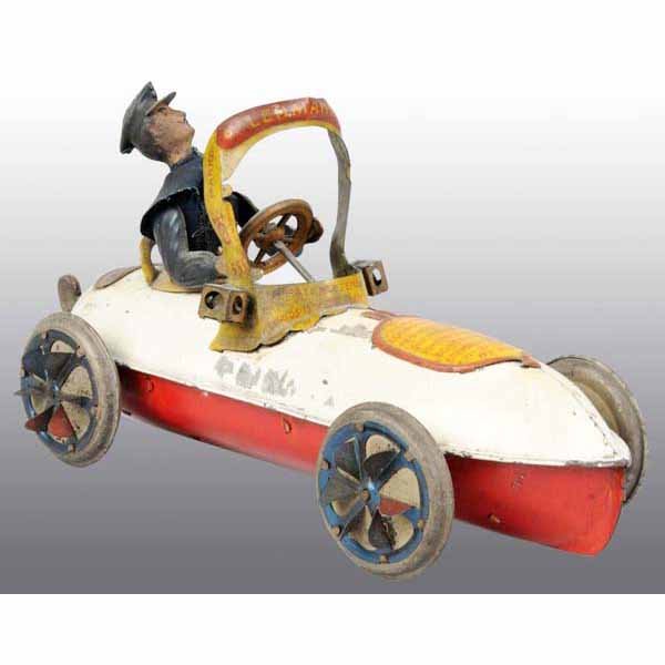 Tin Lehmann Uhu Amphibian Car Wind-Up Toy.: German. Working. Original lanterns and clothing on driver. Tinplate on front reads "Berlin Paris London" etc. Moderate paint flaking and loss throughout car. Windshield is intact but missing plastic i
