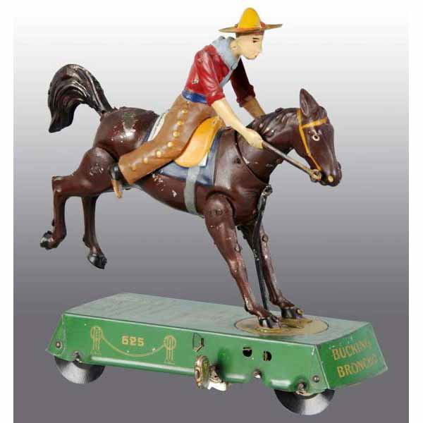 Tin Lehmann Bucking Bronco Wild West Wind-Up Toy.: German. Works sporadically. Scarcer brown horse variation. Marked "Lehmann" with bell mark on base and "Wild West" on rear platform. Some scratching and wear throughout. 7 - 1/2" T.