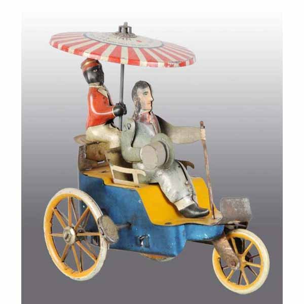 Tin Litho Lehmann Onkle Onkle Wind-Up Toy.: German. Original tiller. When wound, parasol spins around and man's arm moves up and down while holding hat. Some moderate wear throughout. 5" x 4 - 1/2".
