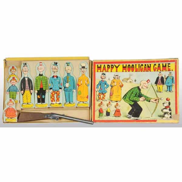 Milton Bradley Happy Hooligan Game.: Contents include eight figures. Original gun is working but missing corks. Includes original box with very colorful graphics on top of lid. Marked "1925 Feature Service Inc.". Missing two side aprons 