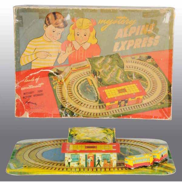 Lot of 2: Tin Marx & Automatic Train Station Toys: Working. Includes Union Station with missing key and Alpine Express. Platforms are nice with minimal wear. Includes both original boxes with some creasing, tears, and tape repair. Largest: 21" x 15".