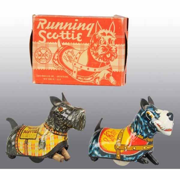 Lot of 2: Tin Marx Running Scottie Wind-Up Toys.: American. Both are working. These are the earlier and later variations of the same toy. Original rubber ears and tails. Nice lithography throughout with just minor scratching and wear. Includes one or