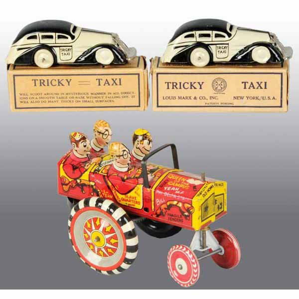 Lot of 3: Tin Marx Wind-Up Vehicle Toys.: American. All are working. Includes College Kids Whoopee Car and two black and white Tricky Taxi toys. Very little wear overall. Tricky Taxis have original boxes. Largest: 6" L.