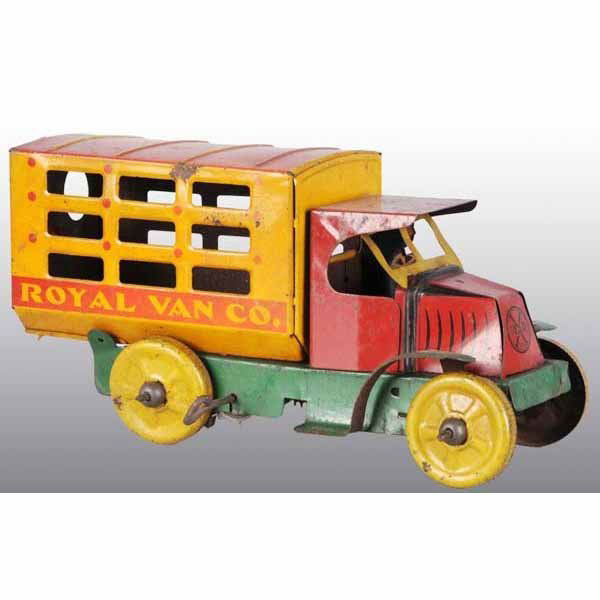 Tin Marx Royal Van Wind-Up Toy.: American. Working. Original driver and back doors. Missing front bumper with some spots of litho loss to sides and play wear throughout. 9 - 1/2" L.
