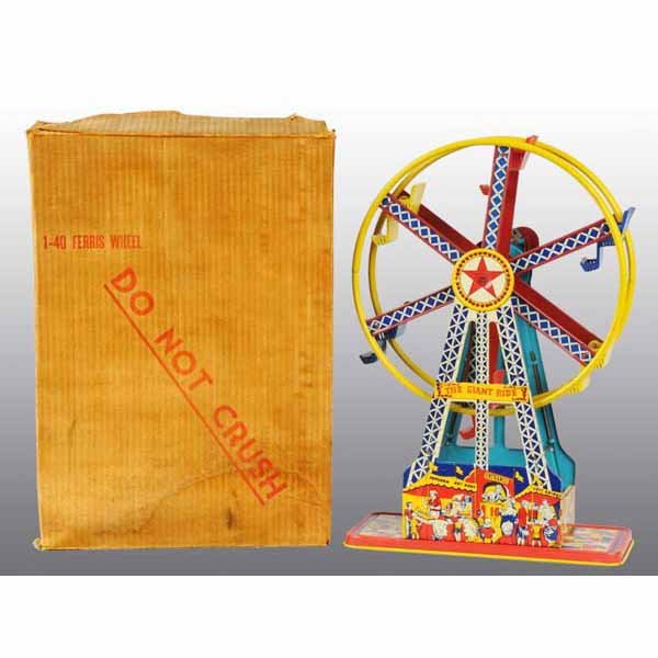 Tin Chein Giant Ride Ferris Wheel Wind-Up Toy.: American. Working. All metal with plastic carts. Beautiful lithography. Includes original box marked "1-40 Ferris Wheel" with some creasing. 17" T.