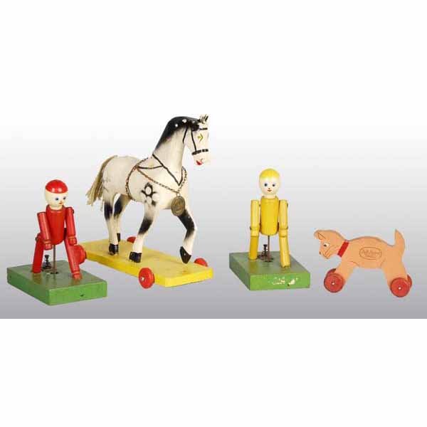 Lot of 4: Wooden Toys.: Includes one pair of Hustler Bowlers, one small cat with advertising of a shoe company, and one platform horse. Largest: 10" L.