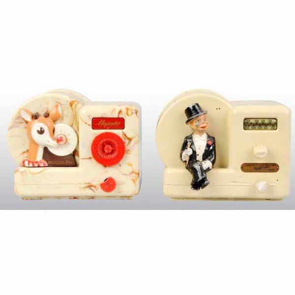 Lot of 2: Vintage Majestic Character Radios.: Includes one scarce Charlie McCarthy and one Rudolph the Red Nosed Reindeer. Both marked "Majestic" on front. Half of one knob is broken off of Rudolph while Charlie McCarthy has paint loss and wear t