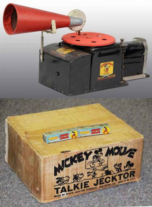 Mickey Mouse Talky Jector Movie Projector Toy.: Walt Disney. Made by the Movie Jecktor Company, New York. Nice color decals of Mickey Mouse on toy. Includes original box with nice depictions of Walt Disney characters on two sides. Box has some crea