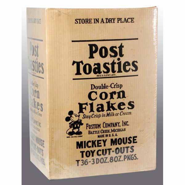 Mickey Mouse Cardboard Box.: This item may be unique. Only one we have ever seen. 1934 large cereal box container from the first year of Mickey Mouse Post Toasties production. This large box once contained boxes of Post Toasties