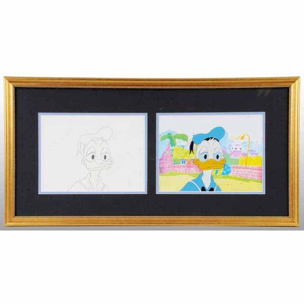 Disney's Donald Duck Animation Cel & Drawing.: From "Careers", a 1982 Disney Epcot Center film. Original production cel with corresponding pencil drawing. Includes COA and is framed under glass. 30" x 15".