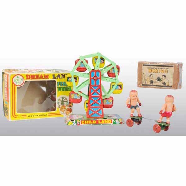 Lot of 2: Celluloid & Tin Wind-Up Toys.: Japanese. Both are working. One toy is a Dream Land Ferris Wheel toy made by Yone and the other is a pre-war Boxing toy. Includes both original boxes. 9" x 6 - 1/2" x 4".
