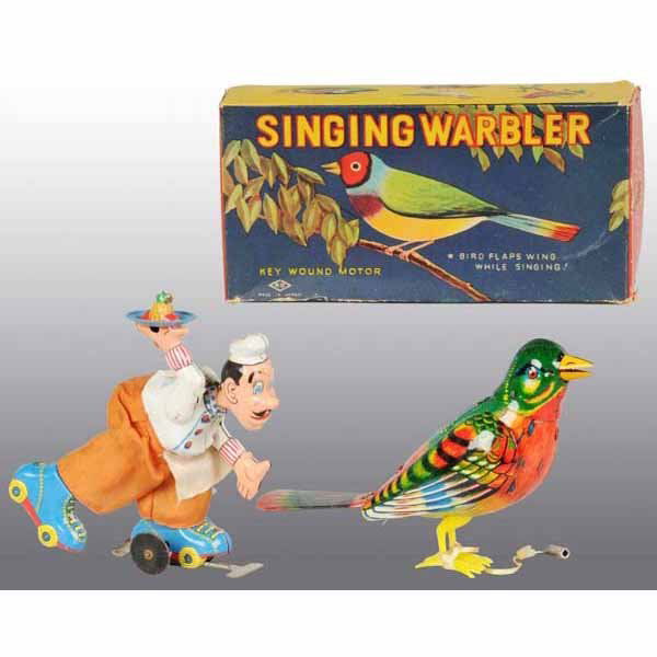 Lot of 2: Tin Litho Wind-Up Toys.: Japanese. Both are working. Includes one Chef Skater with original clothing. and one Singing Bird toy. Bird toy is mint in original box while the skater has some scratching and is missing its rubber w