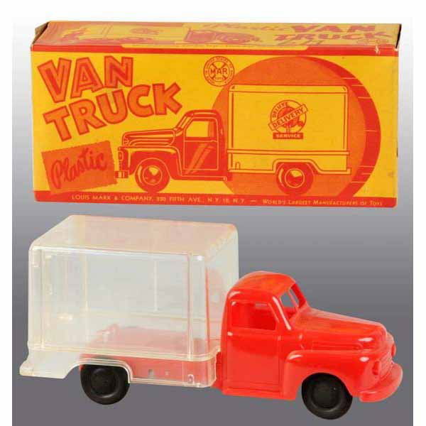 Plastic Marx Van Truck Toy.: American. Clear, see-through back. Includes original box with nice graphics of truck on all sides. Original price tag of "$.49" on one panel of box. This toy is old store stock from Marx's warehouse a