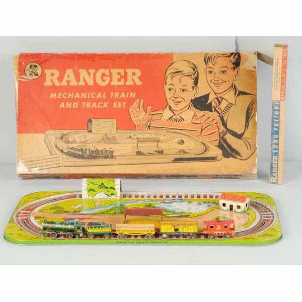 Lot of 2: Tin Train Platform Items.: American. Includes one Marx Glendale Depot Station with three pieces of tin litho luggage, baggage cart, and bench. Also includes one Ranger Steel mechanical track set in original box with a small fiv