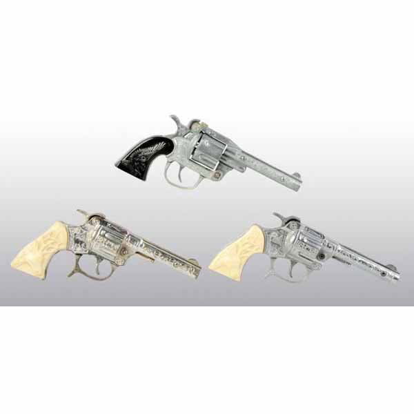 Lot of 3: Die-Cast Kilgore Cap Pistol Toys.: Includes one Eagle with revolving cylinder and two Buck guns with plastic bucks on both sides of grips. All have been used and are marked "K" for Kilgore. One gun needs some spring work. Largest: 7 -