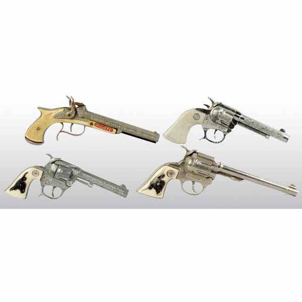 Lot of 4: Die-Cast Cap Gun Toys.: All are working. Includes one Hubley Pirate, one Smokey Joe, one Wyatt Earp, and one Cowboy King. Pirate gun has cracking, warping, and pieces broken off of its trigger. Largest: 10 - 1/2" L.