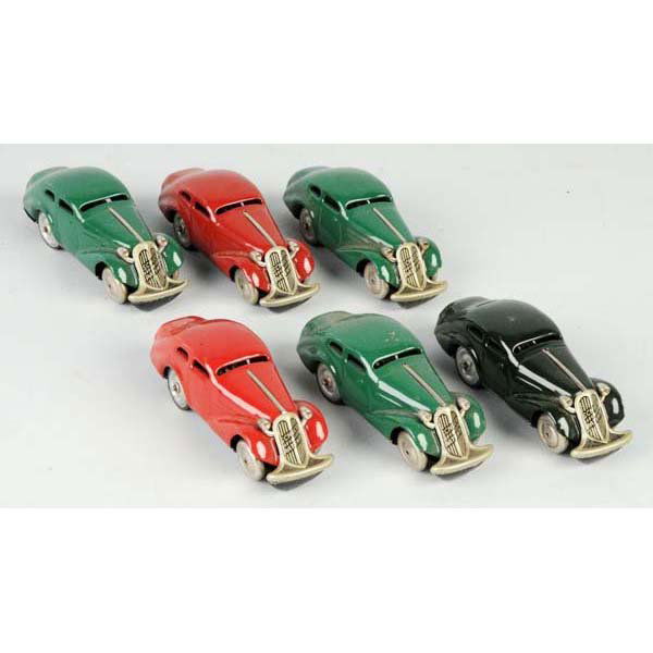 Lot of 6: Tin Schuco Auto Wind-Up Toys.: Description German. Working. Identical models in various colors. Some chipping to one car. All cars in original store shipping box. Condition (Excellent). Size Each: 3" L.