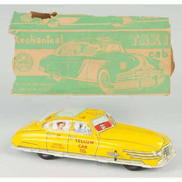 Tin Marx Yellow Cab Wind-Up Toy.: Description American. Working. Includes partial original box. Condition (Very Good - Excellent). Size 11" L.
