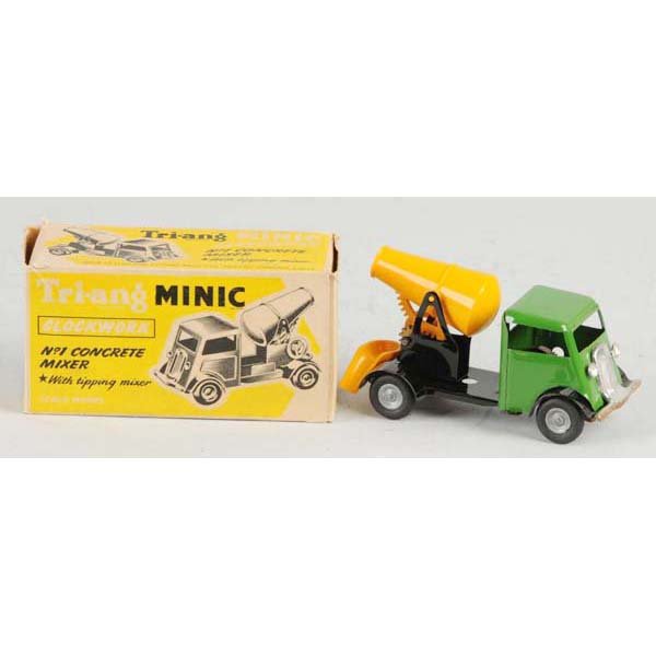Triang-Minic Concrete Mixer Wind-Up Toy.: Description Working. Plastic and metal. Includes original box with some tears and key. Condition (Excellent). Size 4 - 3/4" L.