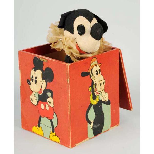 Walt Disney Mickey Mouse Jack-in-the-Box Toy.: Description Unmarked but probably American-made. Nice decals of Disney characters on box itself include Mickey, Minnie, Donald Duck, and Horace Horsecollar. Needs to be repaired. Condition (Very Good)
