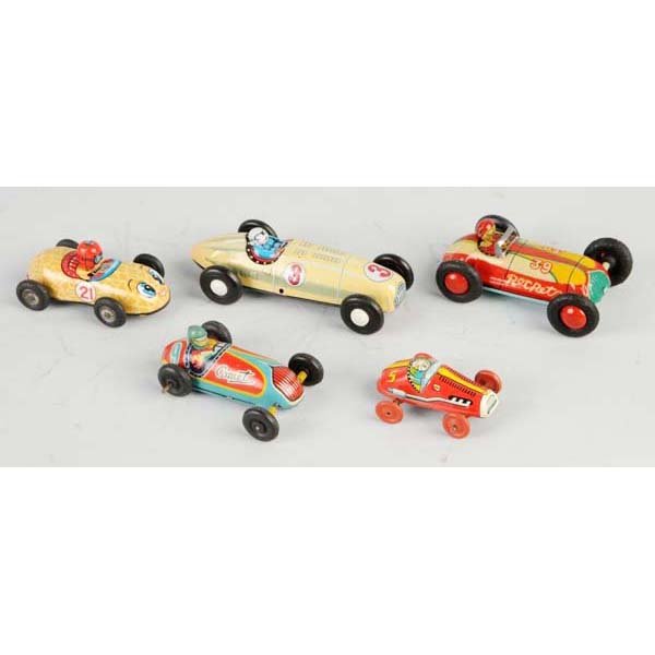 Lot of 5: Tin Race Car Friction & Wind-Up Toys.: Description Japanese. Working. Includes one peanut car marked "1968", one comet, and one rocket. Two of the cars have very nice and colorful lithography. Condition (Very Good - Excellent). Size Larges