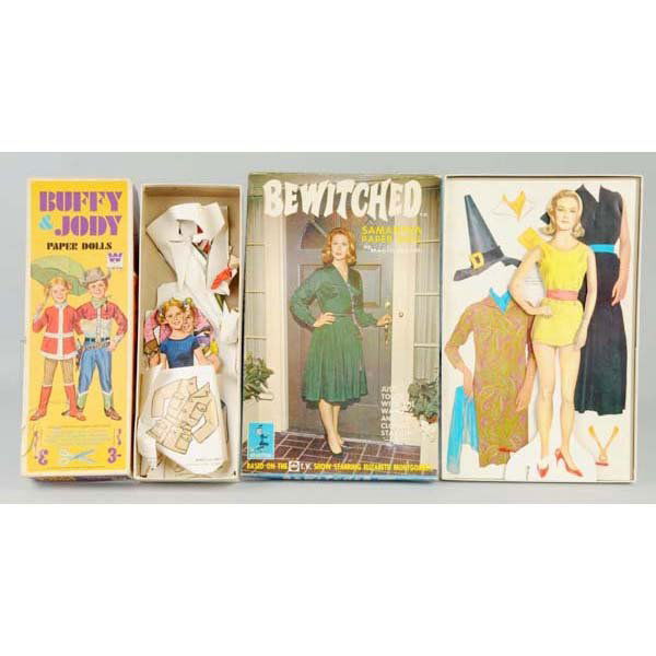 Lot of 2: Vintage 1960s TV Show Paper Doll Sets.: Description Includes one Bewitched Samantha doll with plastic magic wand, cardboard standing Samantha doll, and various clothing. Box is marked "Screen Gems Inc. 1965 ABC TV". Also includes one Family