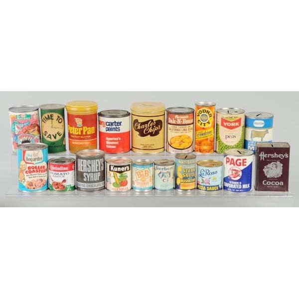 Lot of 19: Vintage Tin Food Product Can Banks.: Description Includes Hershey's cocoa, Peter Pan peanut butter, and other various food items. Condition (Very Good). Size Largest: 5" T.