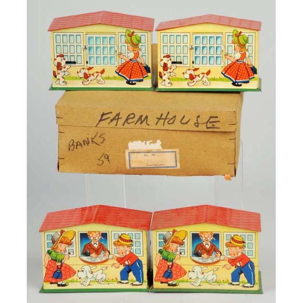 Lot of 4: Tin US Zone German Banks.: Description All are in unused condition in original store box. Four banks remain from a box of half a dozen. Banks are marked "Made in Germany US Zone" and have beautiful lithography. Original keys ar