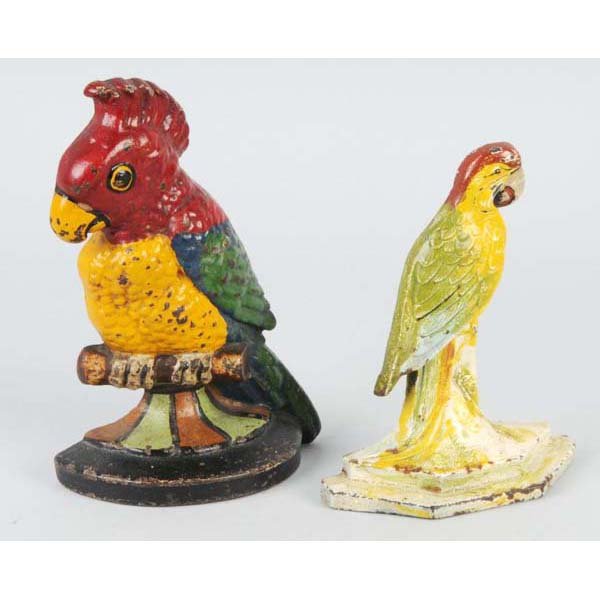 Lot of 2: Cast Iron Parrot Doorstops.: Description Includes Hubley Polly Parrot and Parrot on perch. Condition (Excellent). Size Largest: 8" T.