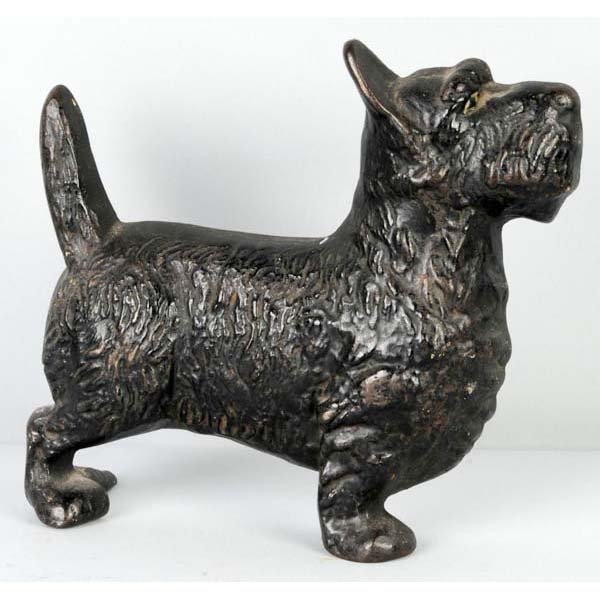 Cast Iron Standing Scottie Wedge Doorstop.: Description Made by Spencer, Guildford, Conn. Condition (Excellent). Size 7 - 3/4 " T.