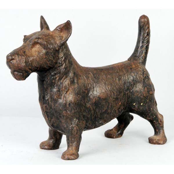 Cast Iron Standing Scottie Doorstop.: Description Made by Hubley, cat. #305. Full-figure. Fine hair to casting. Condition (Good). Size 9" T.
