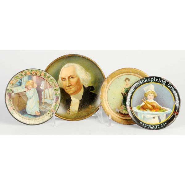 Lot of 4: Tin Tip Trays.: Description Includes one Washington, one with lady drinking tea, and two Thanksgiving. Condition (Very Good). Size Largest: 5 - 1/4" Dia.
