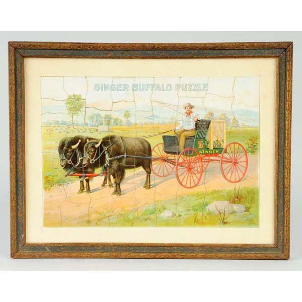 Framed Singer Sewing Machine with Buffalo Puzzle.: Description Includes original packaging envelope. Condition (Excellent). Size Framed: 10" x 13".