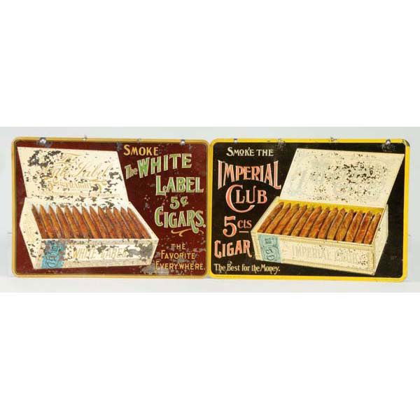 Lot of 3: Tin Cigar Advertising Signs.: Description Includes one for Imperial Club and one for White Label. Both with moderate flaking and paint loss. Condition (Good). Size Each: 13 - 3/4" x 9 - 3/4".