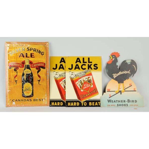 Lot of 4: Signs.: Description Includes two All Jacks tin signs, one Silver Spring Ale sign with paint loss, and one Weather Bird Shoe cardboard sign. Condition (Very Good - Excellent). Size Largest: 17 - 1/4" x 11 - 1/