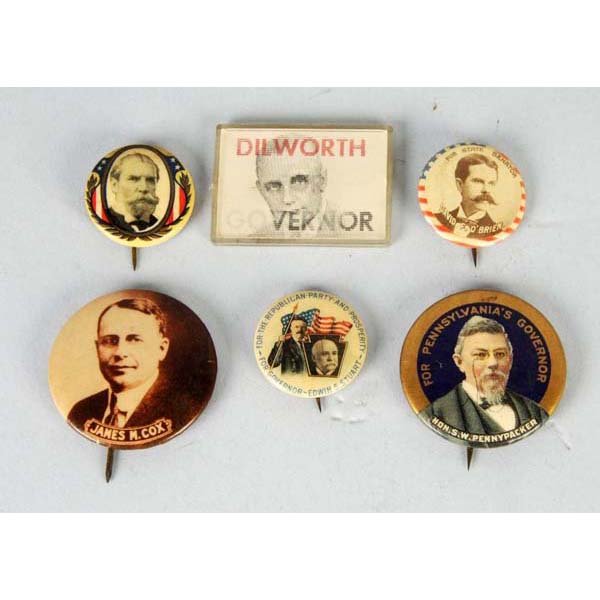 Lot of 6: Political Pins.: Description Includes one Pennypacker for PA Governor with paper label, one James Cox, one Dllworth for Governor, one David O'Brien for State Governor, one Edwin Stewart for Governor with paper label, 