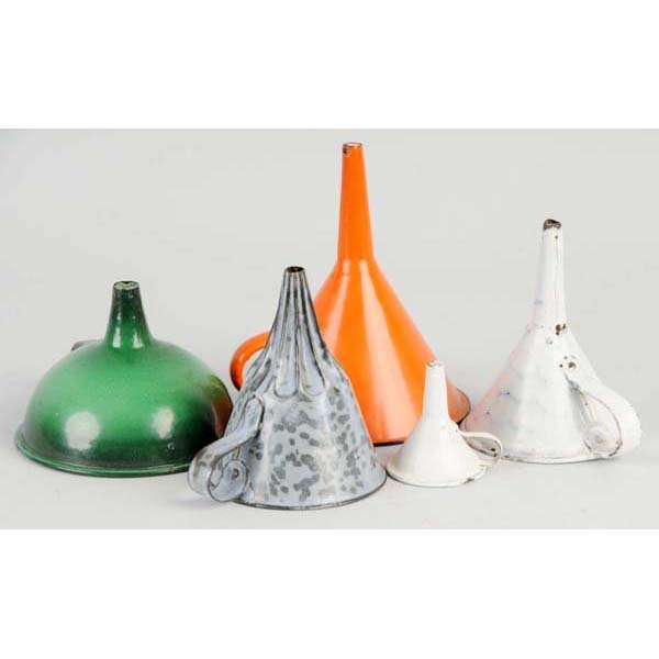 Lot of 5: Assorted Graniteware Funnels.: Description Includes one solid orange, one fluted American Gray, one Snow on the Mountain, one miniature white, and one green shamrock. Condition (Very Good). Size Largest: 5" T.