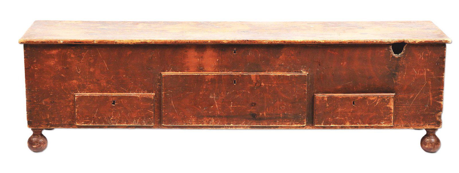 RARE PERIOD PAINT-DECORATED WEST VIRGINIA LONGRIFLE: Few American Longrifle related items could be of more significance than this untouched, unique, and important early dovetailed rifle chest. It is built with channels for five rifles under the hinged l