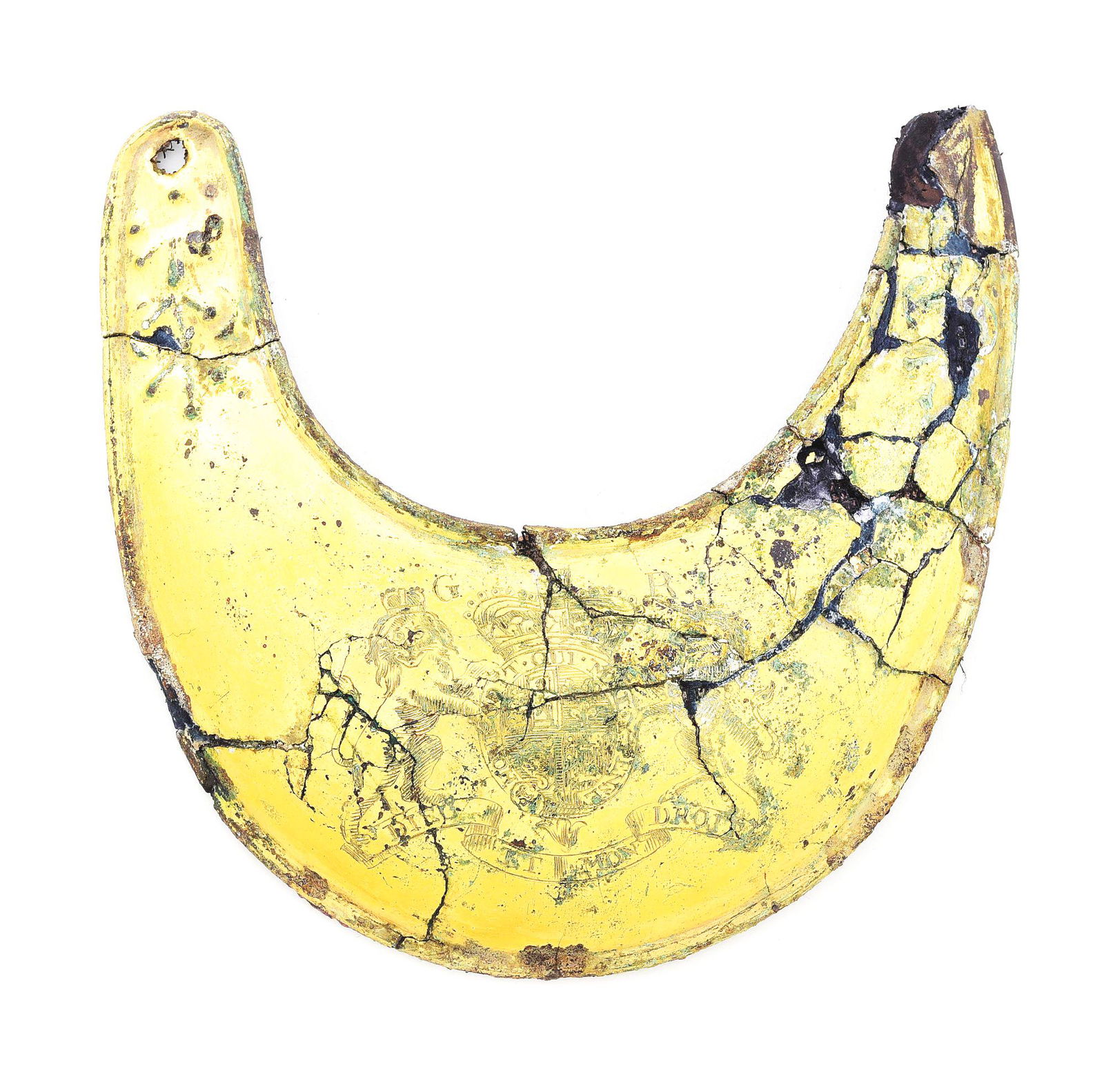 RESTORED BRITISH REVOLUTIONARY WAR GORGET FOUND NEAR: This large and original gorget has a tag on it stating "Found a short distance west of Crown Point and Fort Frederic. Restored 8/03 by T.F. Monnich. The piece measures about 5-3/4" x 5-3/4". The thin