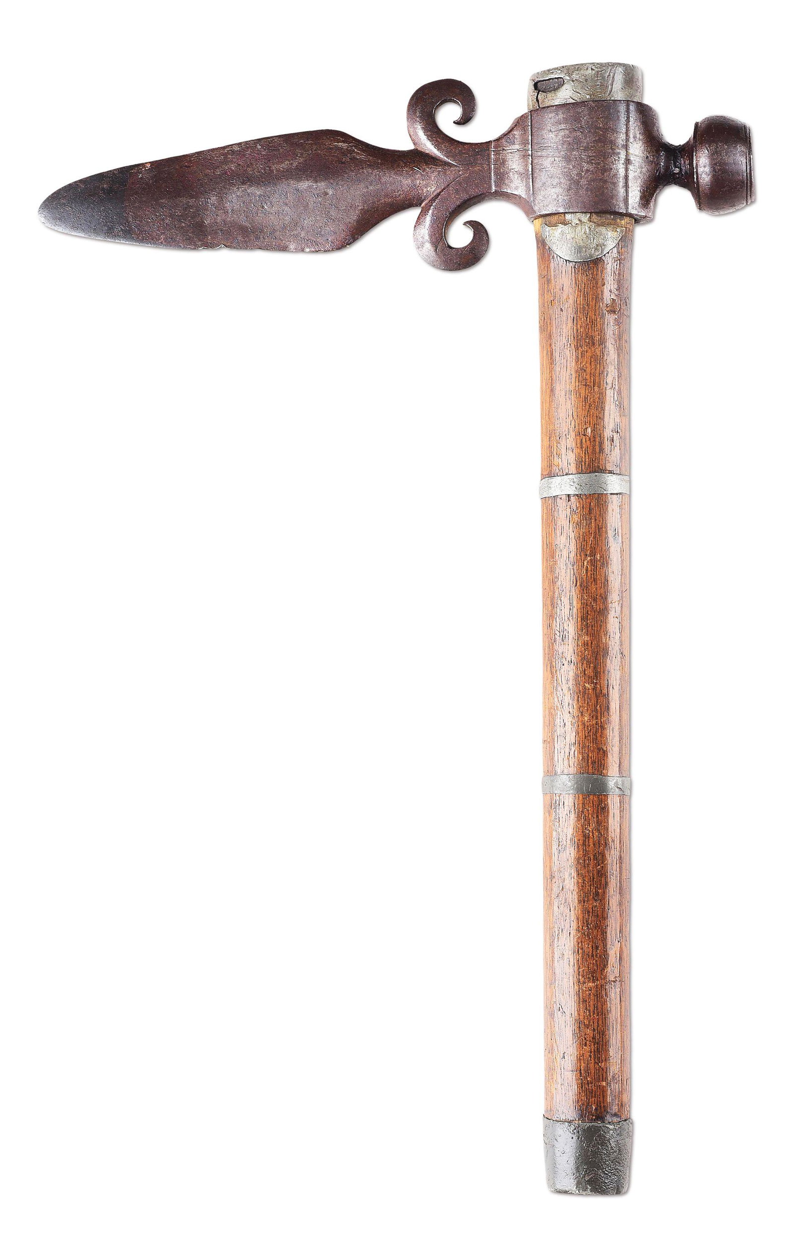FANTASTIC SPONTOON PIPE TOMAHAWK WITH ORIGINAL PEWTER: This tomahawk is featured on page 111 of "Accouterments V" by James R. Johnston. The large iron head measures 9-3/4" overall with a 5-1/2" double-edged diamond section blade with the spurs forming a f