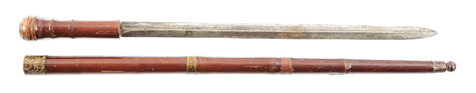 TURNED WOODEN SWORD CANE.: Sword portion measures 27-1/4" with a 21" double edged diamond section blade of 1-1/8" wide. Turned wooden handle with ball at top. The wooden scabbard/cane has an iron tip with a ball finial. Bamboo 
