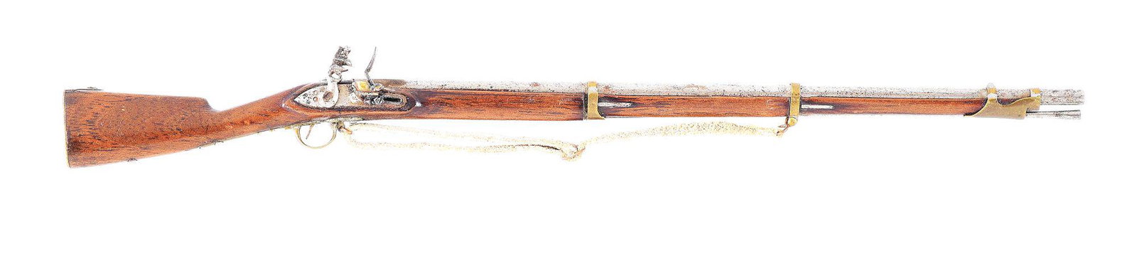 (A) PERIOD MINIATURE NAPOLEONIC FLINTLOCK MUSKET, CIRCA: This period miniature measures only 8-1/8" overall in length. It is a diminutive and accurate copy of a Napoleonic French or Belgian flintlock Marine musket. The iron barrel is round and the convex lo