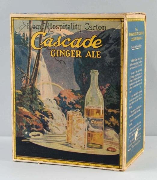 Cardboard Cascade Ginger Ale 6-Pack Box.: 1920s to 1930s. Nice early box with great graphics on both sides. Only a few marks, small chips, and nicks on the sides and top. Size: 10" x 8".