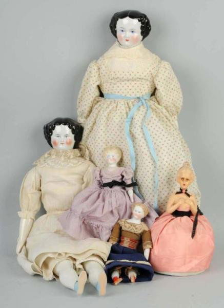 Lot of 5: German Antique Dolls.: One 1860s Parian with dark blonde molded hair (chip on top of head), original cloth body with bisque lower limbs, orange boots, original clothing; composition Dresser Doll; 1860s black-haired china sh
