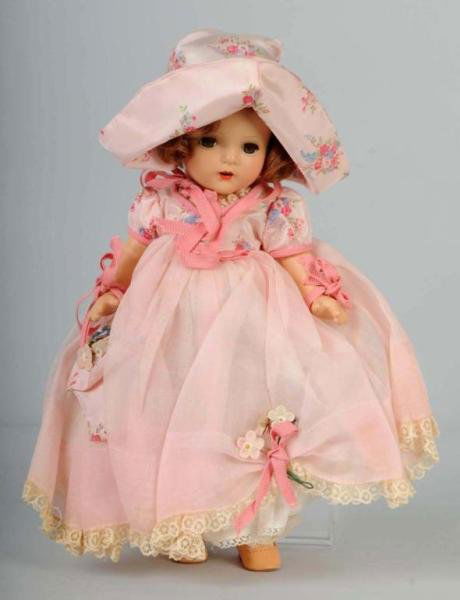American Composition Doll.: Beautiful doll by R & B or Ideal marked 13 on back. Clear lashed sleeping eyes, original mohair wig. Fabulous original organdy, lace and satin outfit and matching hat in mint condition with underwear,