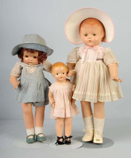 Lot of 3: Effanbee Composition Dolls.: Baby Dainty with cloth torso and composition limbs (light crazing), original dress; Patsy Ann, original mohair wig, sleeping eyes (cloudy, overall crazing, compo needs cleaning), original cotton outfi
