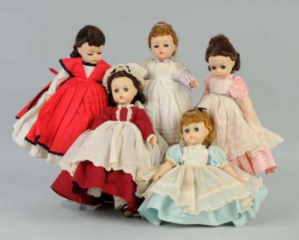 Set of 5 Madame Alexander Little Women Dolls.: Hard plastic Lissy faces, all original tagged costumes, stringing loose in a few. Some age soil on clothing. Size: All: 12" T.