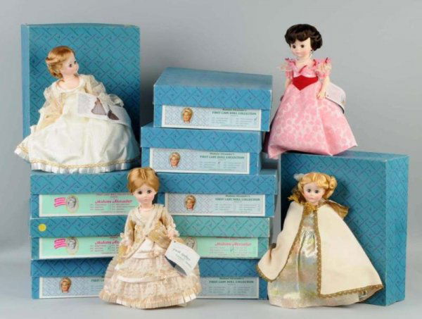 Lot of 10: Madame Alexander First Ladies.: Mary McKee, Angelica Van Buren, Julia Grant, Mary McKee, Jane Pierce, Julia Grant, Lucretia Garfield, Frances Cleveland, Martha Johnson Patterson, Lucy Webb Hayes. All are boxed with original tagged c