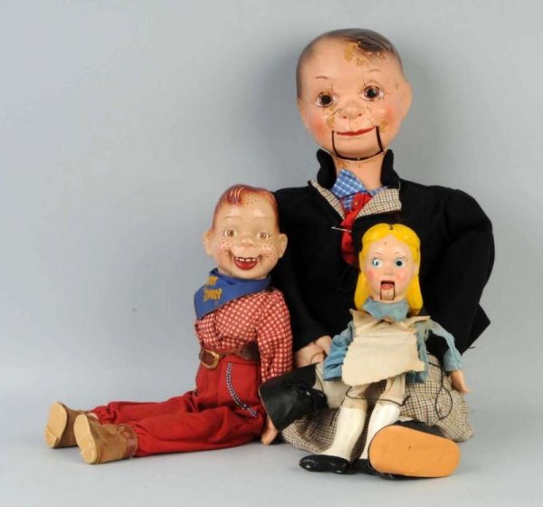 Lot of 3: Marionettes and Puppets.: "Willie Talk" Regal Doll Corporation, a ventriloquist doll (flaking and cracking on face, original clothes and box). Alice-in-Wonderland composition puppet with strings (flake on eyes, some wear on mo