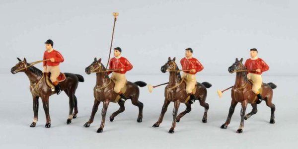 Lot of 4 Heyde Polo Players.: Four mounted lead figures approximately 60mm scale of Polo Players. Made in Germany attributed to Heyde. One rider is empty handed. Size: Each: 3" L.
